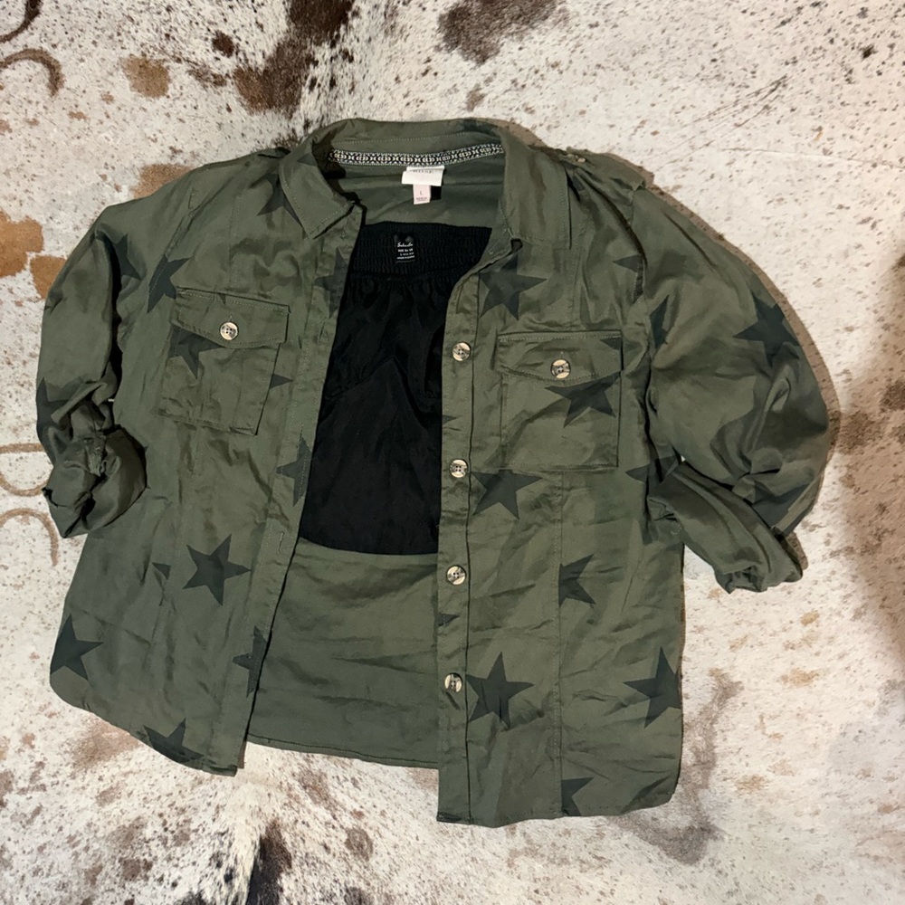 Green Star Patterned Jacket layered with a crop top!